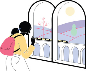 Young black woman with ponytail wearing yellow top and pink backpack looking out window white background