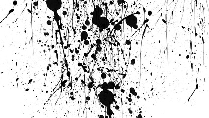 Obraz premium Abstract ink splatter with black on transparent background. A dynamic and chaotic effect, movement with different sizes of spots, splashes, drips, drops and smudges. drip splash, splat messy inkblot.