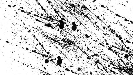 Abstract ink splatter with black on transparent background. A dynamic and chaotic effect, movement with different sizes of spots, splashes, drips, drops and smudges. drip splash, splat messy inkblot.