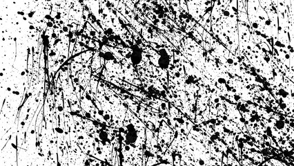 Naklejka premium Abstract ink splatter with black on transparent background. A dynamic and chaotic effect, movement with different sizes of spots, splashes, drips, drops and smudges. drip splash, splat messy inkblot.
