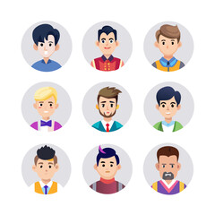 Collection of profile portraits or heads of male cartoon characters with various hairstyles and costumes isolated on white background. Set of avatars. ... See More