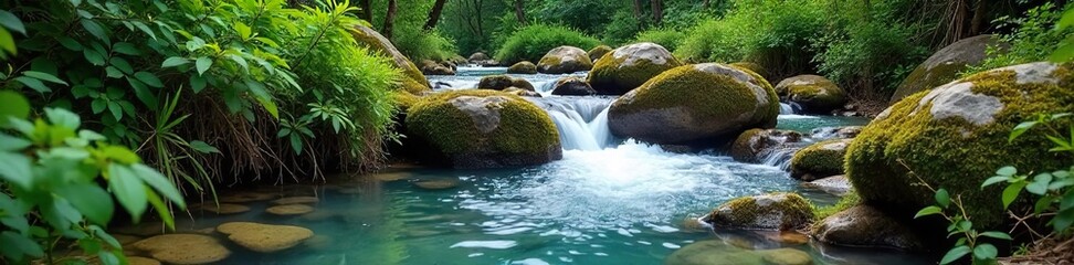 Crystal clear water flowing from a natural spring, branching into smaller streams over mossy rocks and lush green vegetation A tranquil scene of pristine nature , botanical, planet, branch