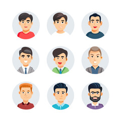 Collection of profile portraits or heads of male cartoon characters with various hairstyles and costumes isolated on white background. Set of avatars. ... See More