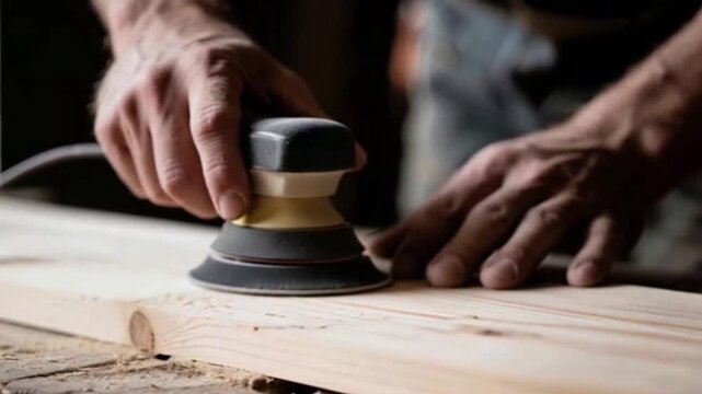 Close up view of a carpenter&rsquo;s hands using a sanding tool to smooth a piece of wood, capturing detailed textures and craftsmanship in a cinematic shot with dramatic lighting and focus
