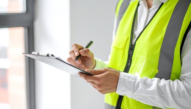 Construction Worker Filling Out Checklist on Clipboard