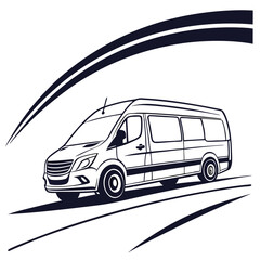 Monochrome Sketch of a Modern Passenger Van on a Road.