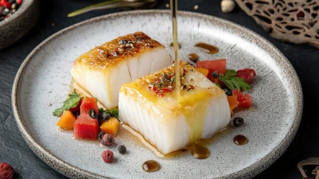 Pan-seared cod fillet with a vibrant medley of colorful vegetables and spices, drizzled with oil