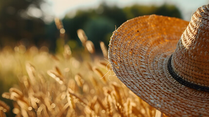 straw hat hanging on a wooden fence