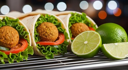 Delicious falafel wraps with fresh limes on a grill
