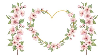 Fototapeta premium Heart shaped floral frame with delicate pink blossoms