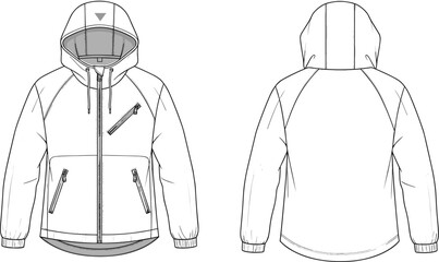 Technical jacket design, front and back view, hooded outerwear, zipper pockets, fashion sketch, garment blueprint, apparel illustration, clothing concept