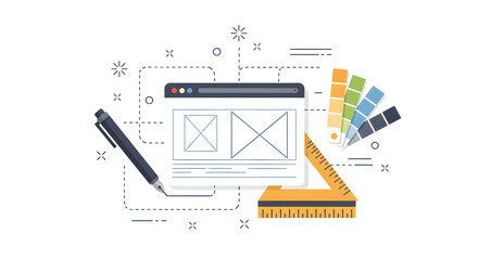 Conceptual illustration representing the creative workflow for web design, user interface layout, and application development