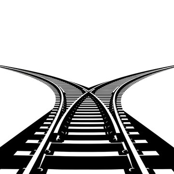 Train tracks converging and diverging create a graphic visual metaphor for business decisions and choices.