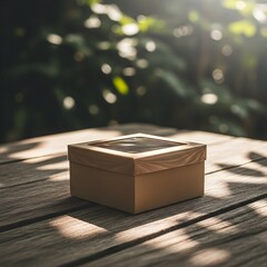 Fototapeta premium Small wooden box on a sunlit wooden table outdoors