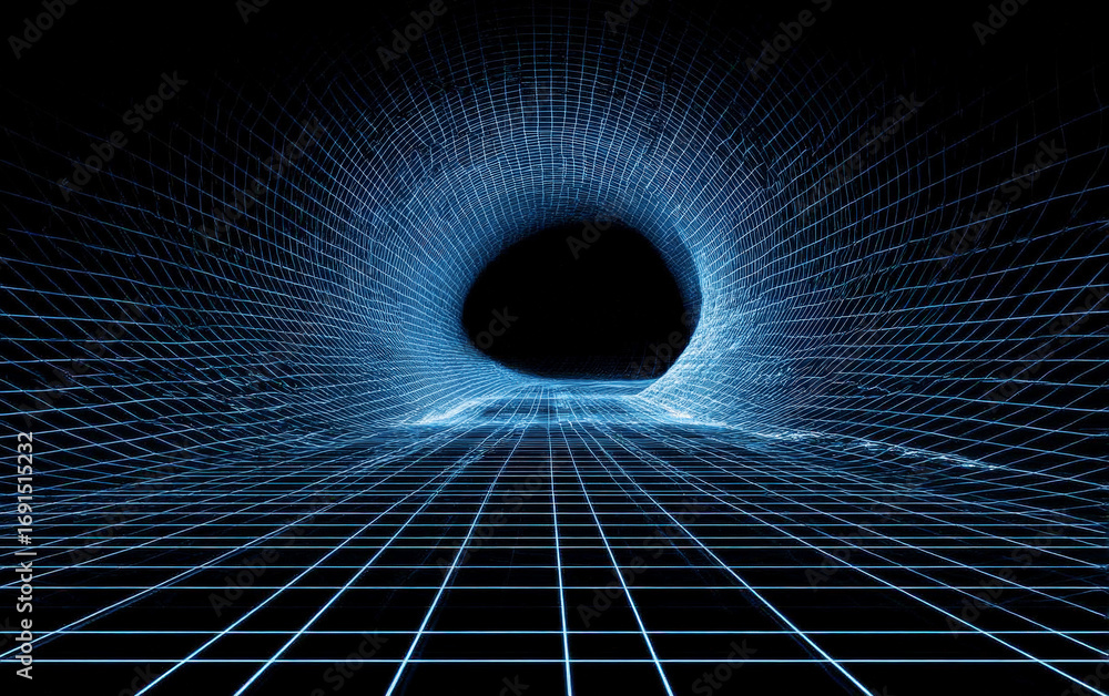 Poster a futuristic visualization of a wormhole with grid lines