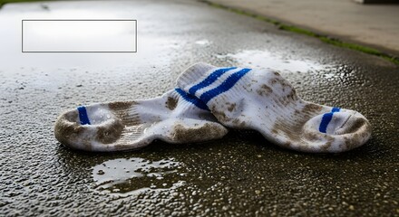 Pair of muddy and wet socks abandoned on a rainy pavement after a day of outdoor activity