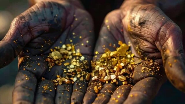 Close-up cinematic view of a gold miner&rsquo;s hands holding small gold particles, camera circling and zooming, capturing the glittering precious metal, rugged texture, and dramatic lighting