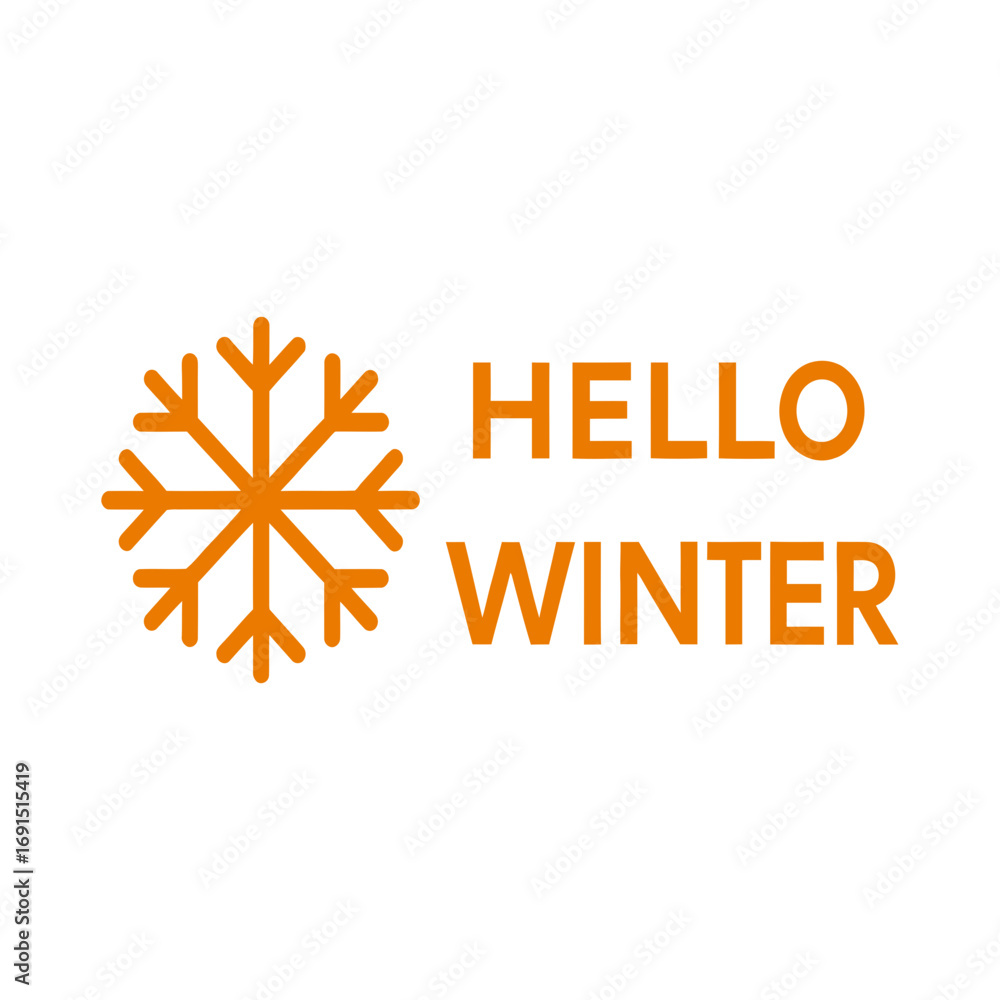 Poster orange snowflake and hello winter text isolated on transparent background