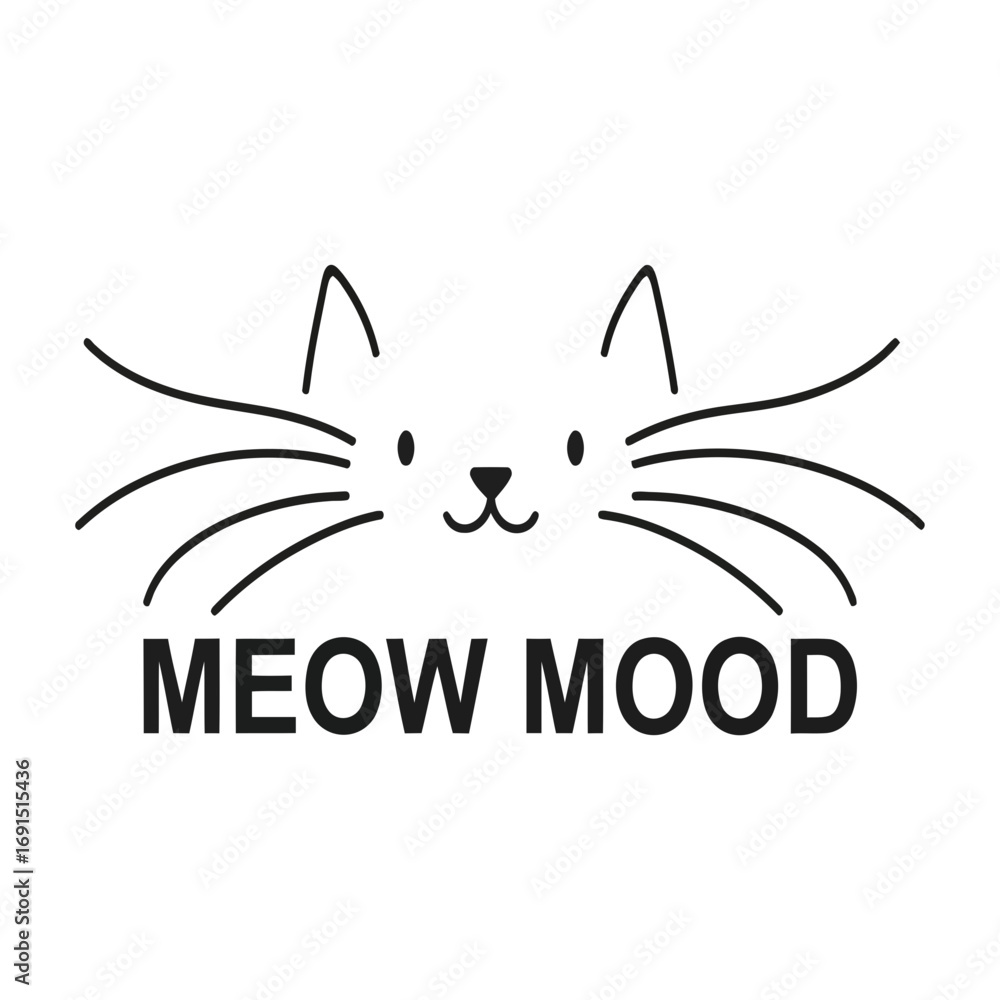 Poster cute cat face with meow mood text isolated on transparent background