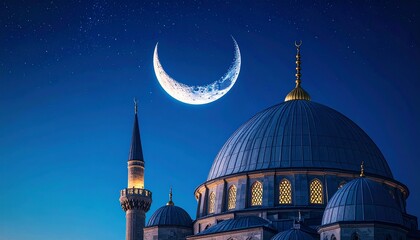Stunning mosque under a bright crescent moon against a starry night sky, perfect for spiritual themes