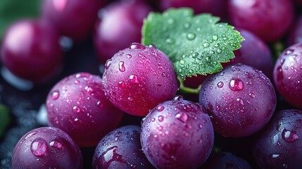 Fresh Plump Purple Grapes with Water Droplets and Green Leaves for Food and Fresh Design Applications