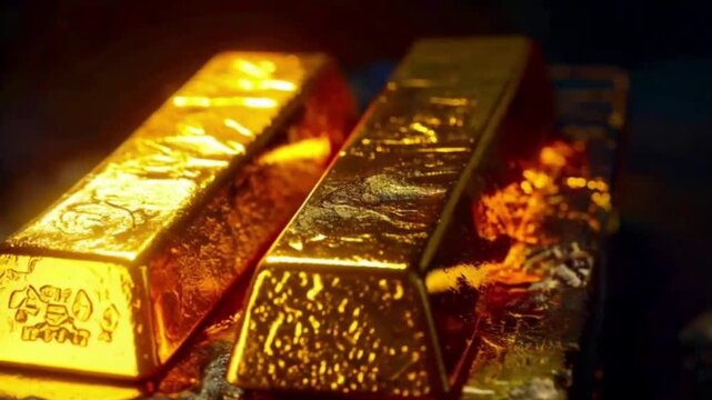 Close-up cinematic view of raw, unpolished gold bars stacked together, highlighting their metallic shine, texture, and luxurious value with dramatic lighting for an ultra-detailed visual effect