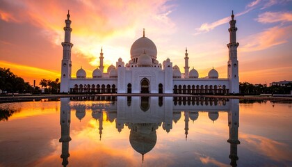 Stunning white mosque illuminated by vibrant sunset reflected beautifully in serene water
