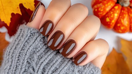 Autumnal nails design on knitted sweater