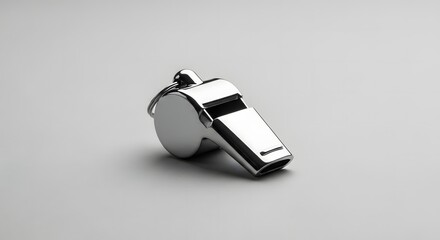 A single shiny silver metal whistle for sports, coaching, and safety, isolated on a clean light grey background