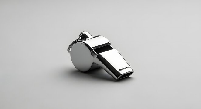 A single shiny silver metal whistle for sports, coaching, and safety, isolated on a clean light grey background - Powered by Adobe