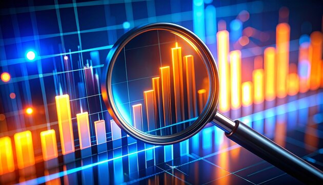 Magnifying glass reveals glowing financial data bars and stock market trend analysis