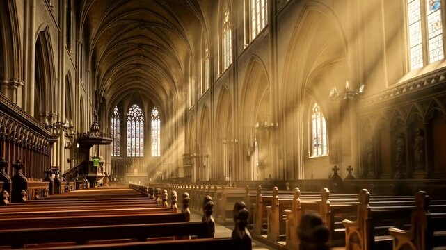 Sunlight Streaming Through Large Church Interior
