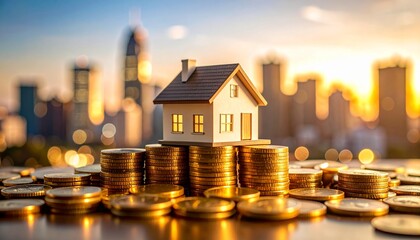 Small house rests atop stacks of gold coins against a blurred city skyline at sunset