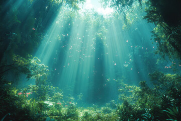 Fototapeta premium Sunlight streams through the dense jungle foliage.