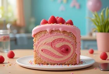  Cartoon Style Raspberry Ripple Cake with Bright Colors and Whimsical Sprinkles