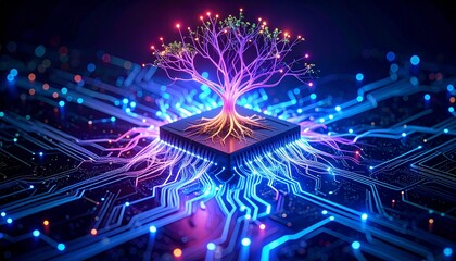 Stunning digital tree of life emerges from glowing circuit board, symbolizing innovation and growth