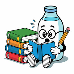 Illustration of milk bottle reading books and writing with pencil education learning studying knowledge 100