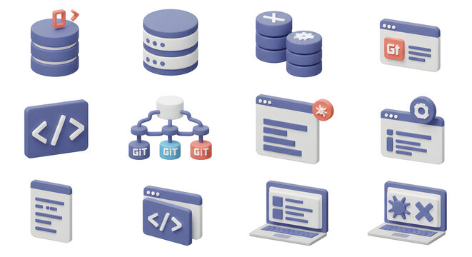 A modern collection of 3D rendered icons illustrating key concepts in software development, including programming, database management, and web technology