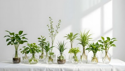 Fototapeta premium Collection of Plants in Glass Vases on White Table – Minimal Indoor Gardening Concept