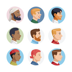 Collection of profile portraits or heads of male cartoon characters. Various nationality. Blond, brunet, redhead, african american, asian, muslim, european. Set of avatars. Vector, flat design See Les