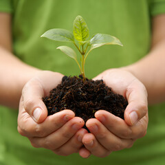 Close-Up of Hands Holding a Young Plant Sprout with Rich Soil, Symbolizing Growth, New Beginnings, and Environmental Stewardship in a Lush Green Setting