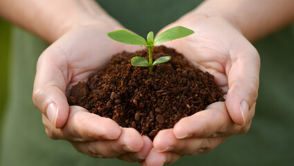 Nurturing the Future A Symbol of Growth and Potential with Caring Hands Holding Soil and a Young Plant in a Natural Setting Emphasizing the Importance of Cultivation