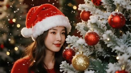 A festive holiday scene featuring a stunning woman with long, flowing hair wearing a red Santa hat, standing gracefully beside a lush, snowy Christmas tree.Christmas, Christmas Tree, Merry Christmas