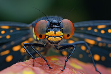 Close-up of a black and orange moth.