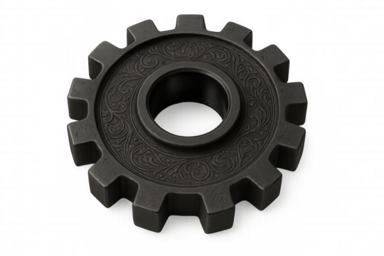 Rotating black metal gear with floral engravings isolated on transparent background, ideal for industrial and mechanical concepts
