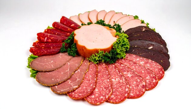 Assorted sliced meats arranged in a circular pattern on a platter, with fresh greens