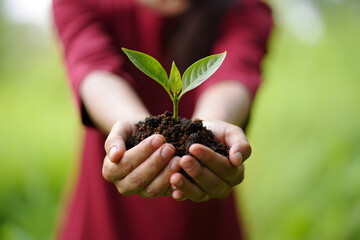 Person Holding a Young Plant with Soil in Their Hands Against a Blurred Green Background, Representing New Life, Environmental Awareness, and Sustainable Practices