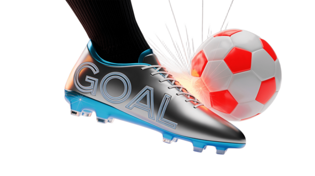 Dynamic action shot of a foot kicking a soccer ball with the word GOAL on the shoe.