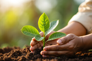 Tender Care for a Budding Plant A Person's Hands Gently Supporting a Young Plant Growing from Soil, Bathed in Soft Sunlight, Representing Growth, Potential, and Environmental Awareness