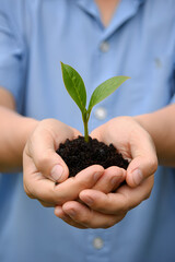Nurturing Growth A Person's Hands Gently Cradle a Young Sprout Emerging from Soil Symbolizing New Beginnings and Environmental Stewardship in a Bright Setting
